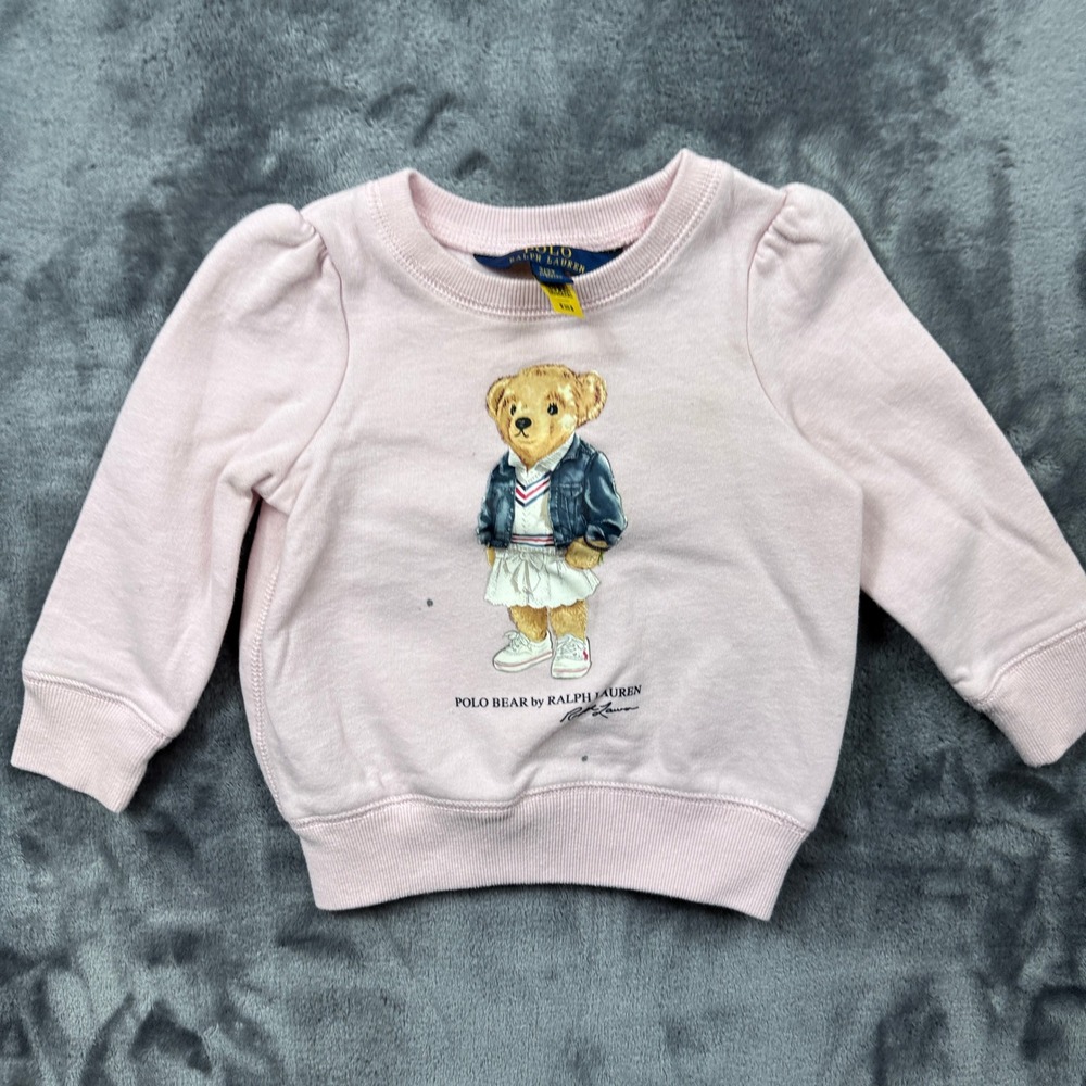 Polo Ralph Lauren Sweatshirt Girls 2T Pink Polo Bear Puffed Shoulder Pullover